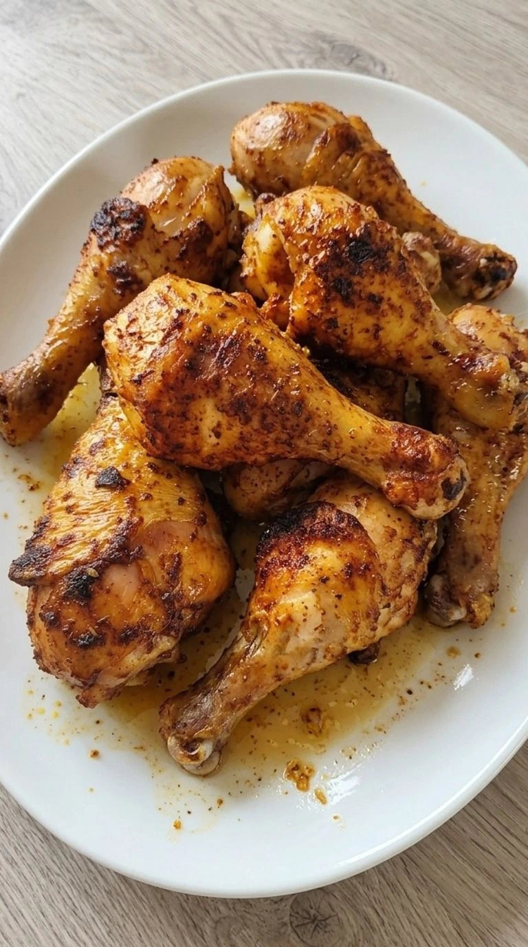Baked Chicken Drumsticks with crispy golden paprika-seasoned skin on a white serving platter. Recipe focus: easy baked chicken drumsticks.