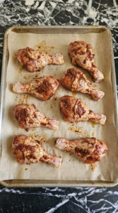 Eight raw Baked Chicken Drumsticks coated in red paprika seasoning on a lined baking tray. Recipe focus: easy baked chicken drumsticks.