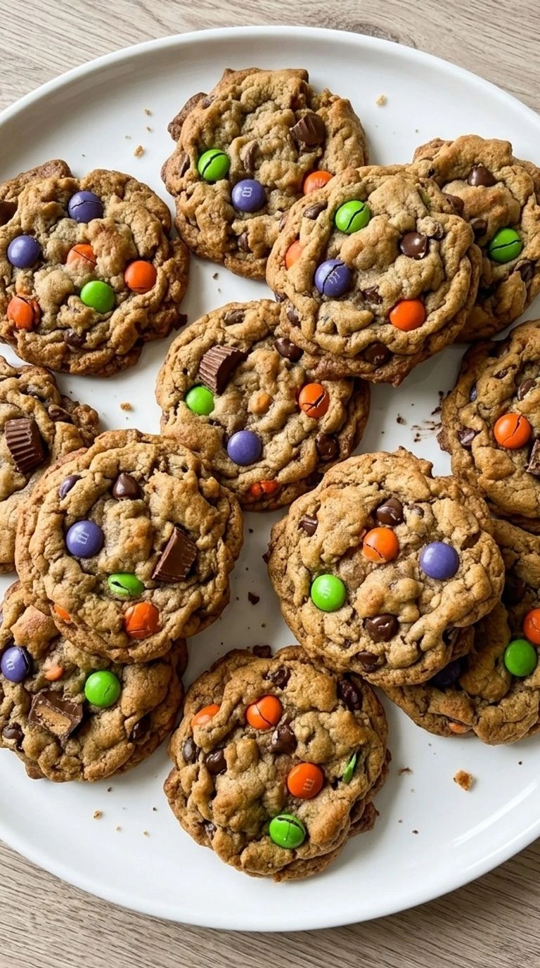 Browned Butter Halloween Candy Cookies with craggy golden edges and colorful Halloween candy