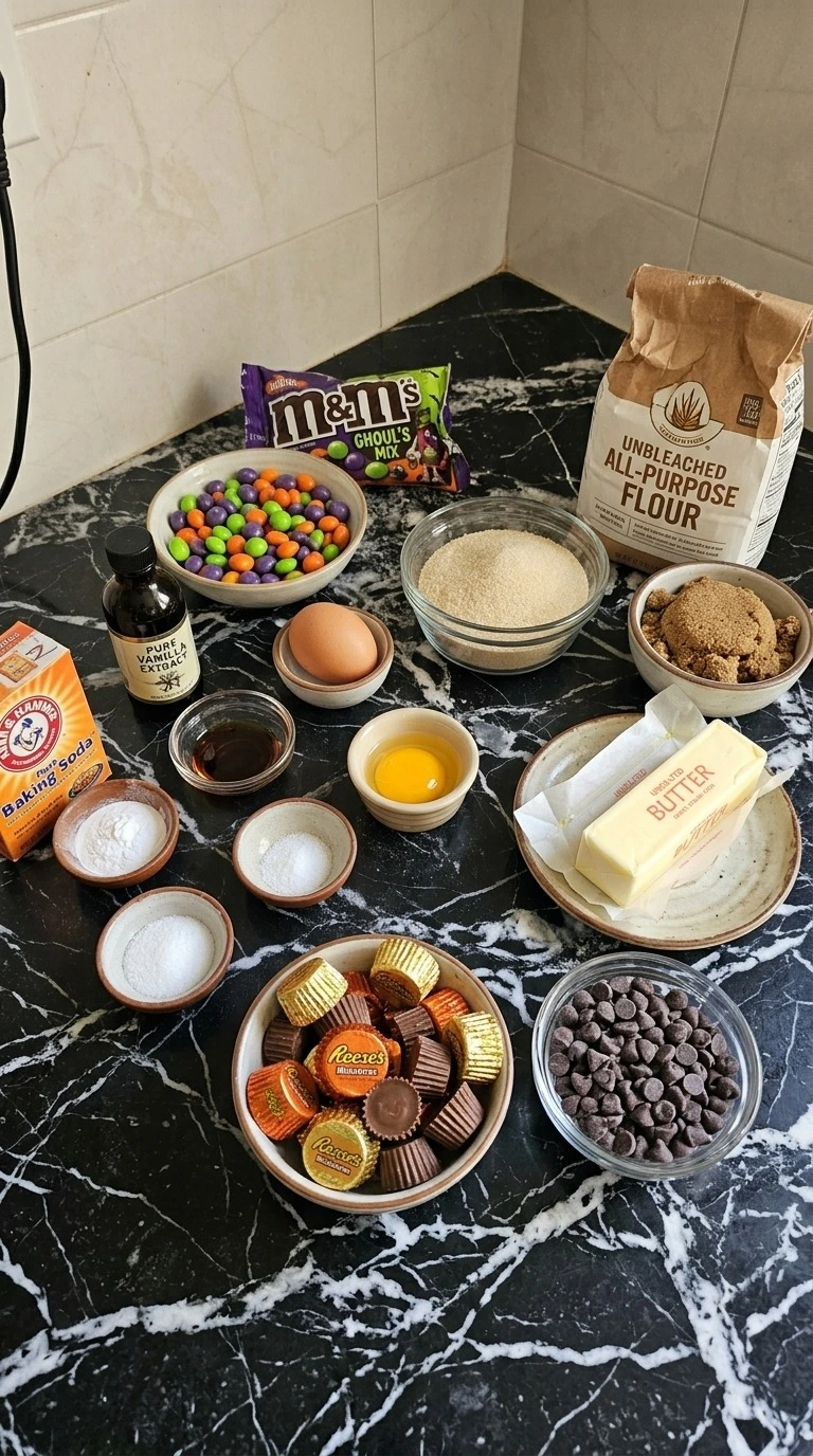 Ingredients for Browned Butter Halloween Candy Cookies in separate containers and packages