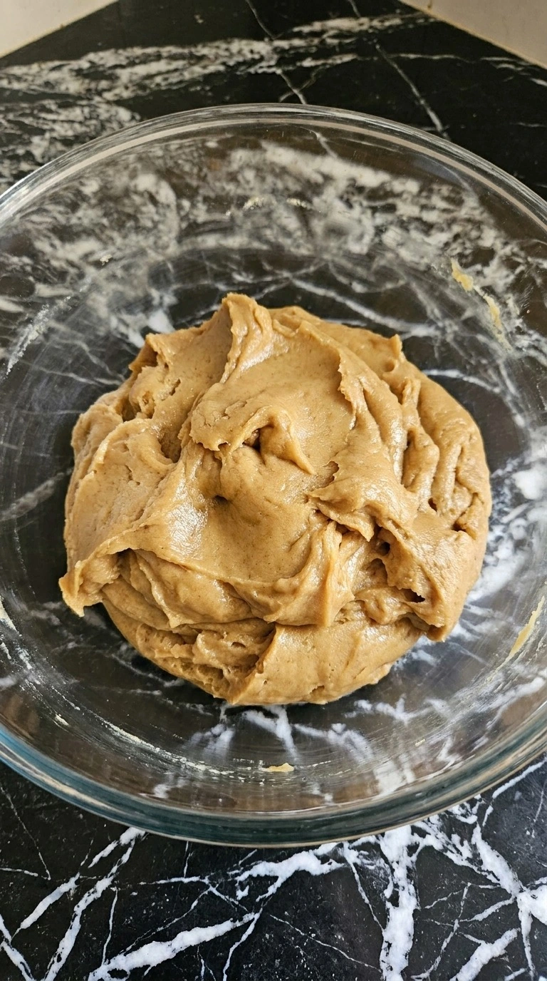 Mixing soft tan dough for Browned Butter Halloween Candy Cookies before adding candy