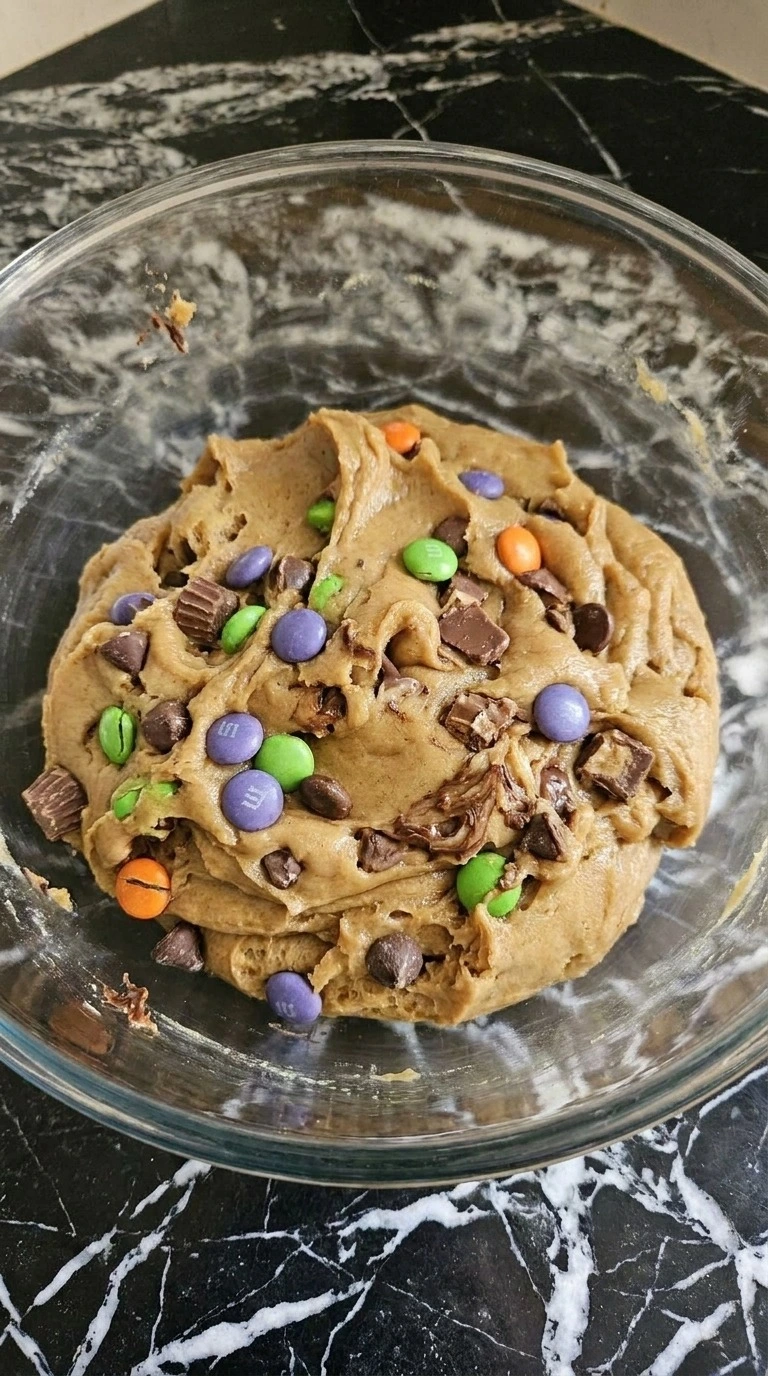 Candy folded into chilled Browned Butter Halloween Candy Cookies dough
