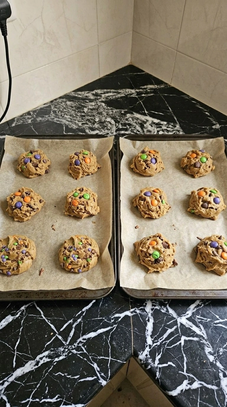 Twelve craggy dough mounds shaped for Browned Butter Halloween Candy Cookies