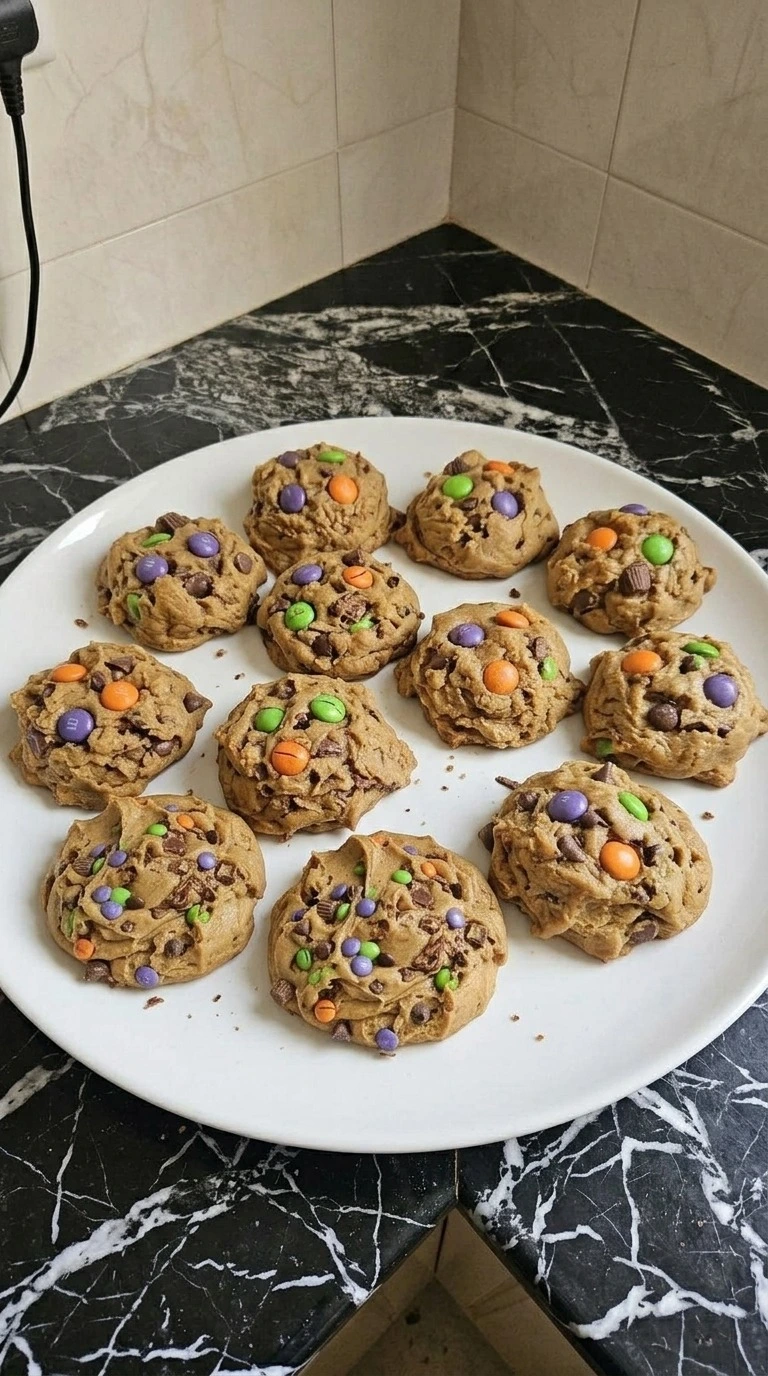 Fully baked Browned Butter Halloween Candy Cookies with golden edges on a white platter