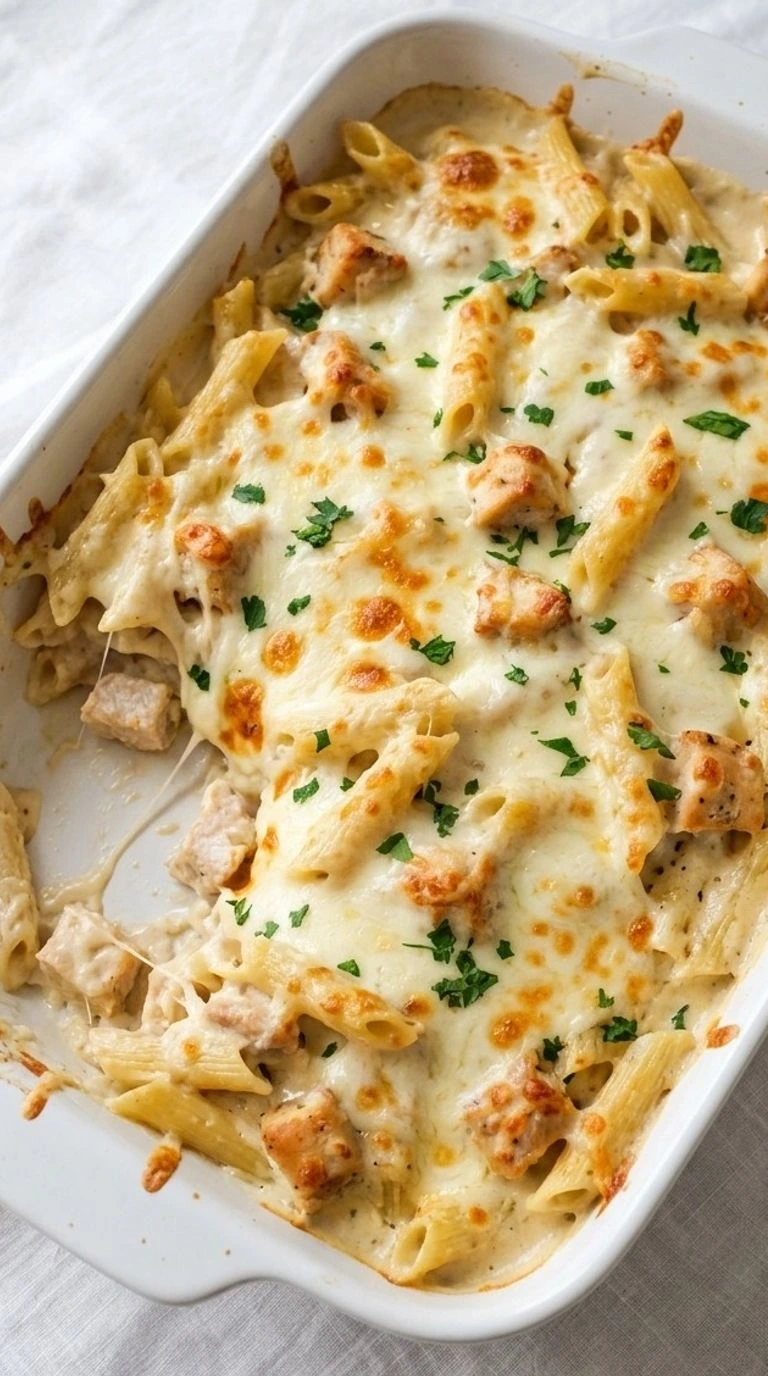 Chicken Alfredo Bake with golden melted mozzarella, creamy penne pasta and tender chicken in a baking dish Recipe focus: easy chicken alfredo bake.