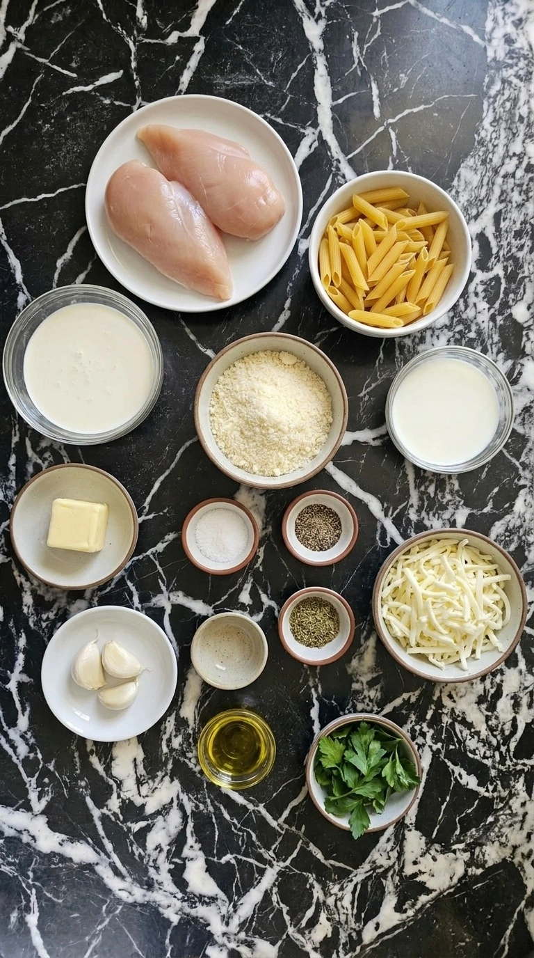 Chicken Alfredo Bake ingredients including chicken breasts, penne, Parmesan, mozzarella, cream, butter and garlic Recipe focus: easy chicken alfredo bake.