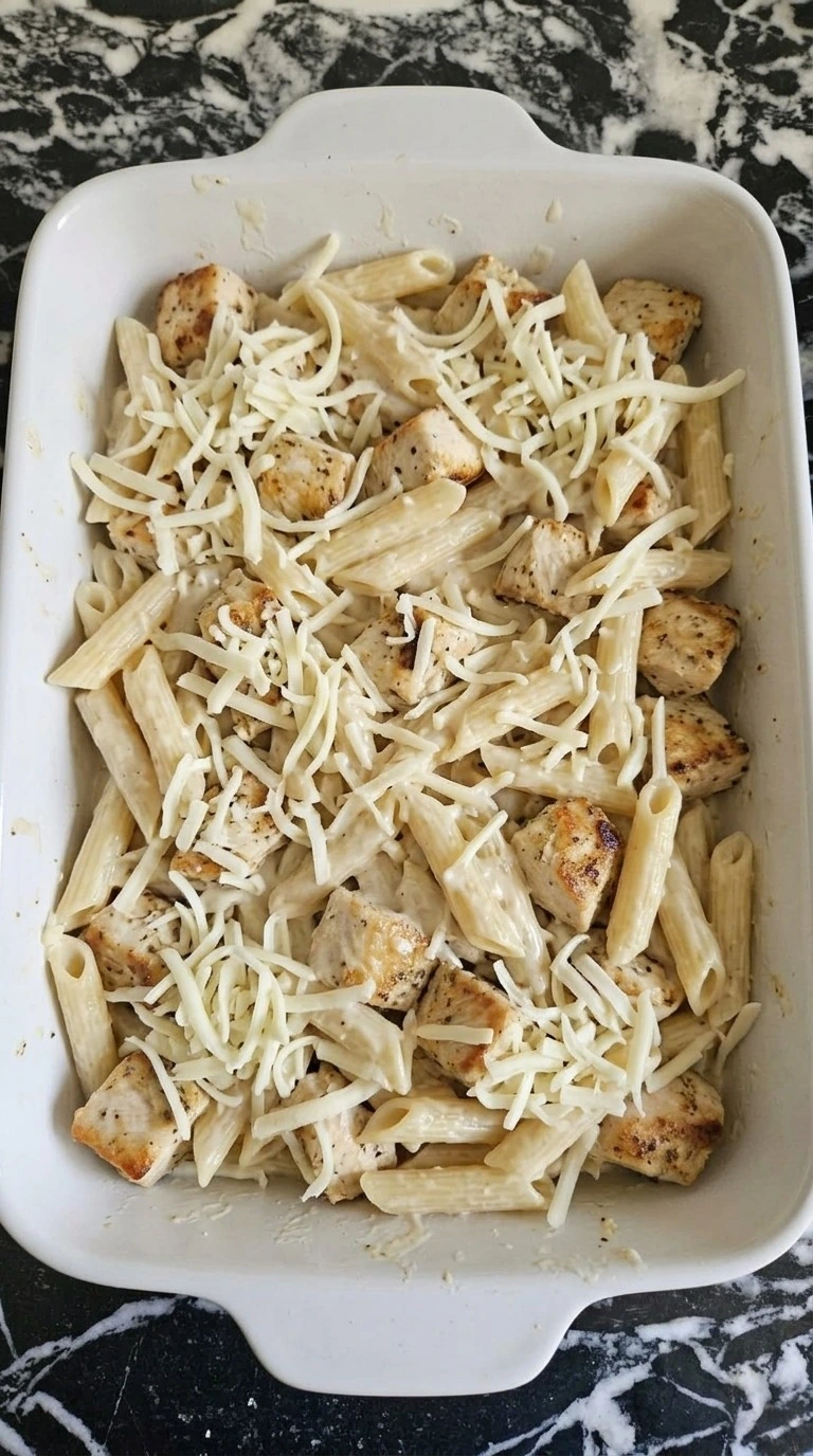 Chicken Alfredo Bake assembled with creamy penne, chicken and shredded mozzarella before baking Recipe focus: chicken alfredo bake recipe.