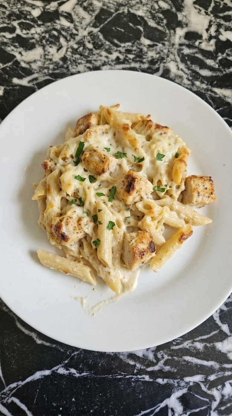 A plated serving of Chicken Alfredo Bake showing creamy penne, golden chicken and melted mozzarella Recipe focus: easy chicken alfredo bake.