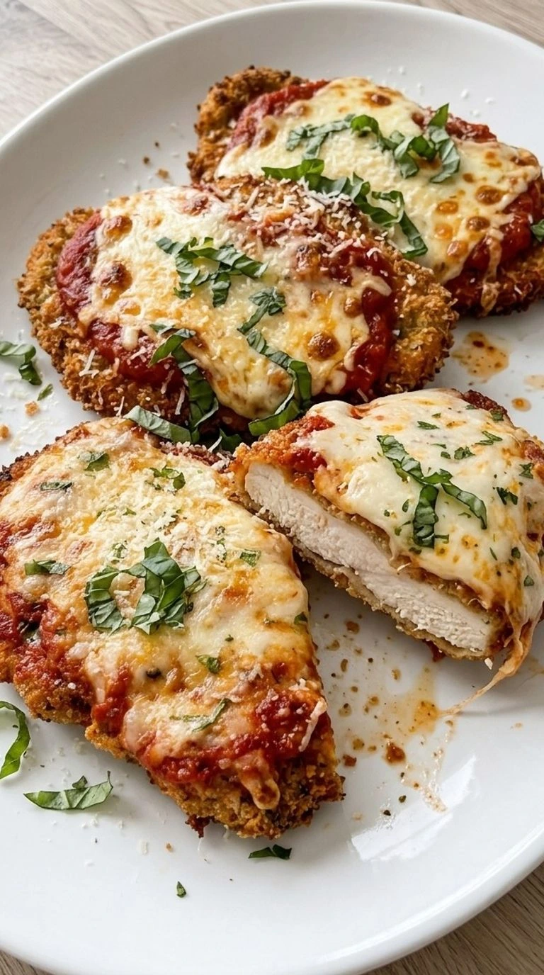 Chicken Parmesan with golden crispy breading, marinara sauce, melted mozzarella and fresh basil. Recipe focus: easy chicken parmesan.