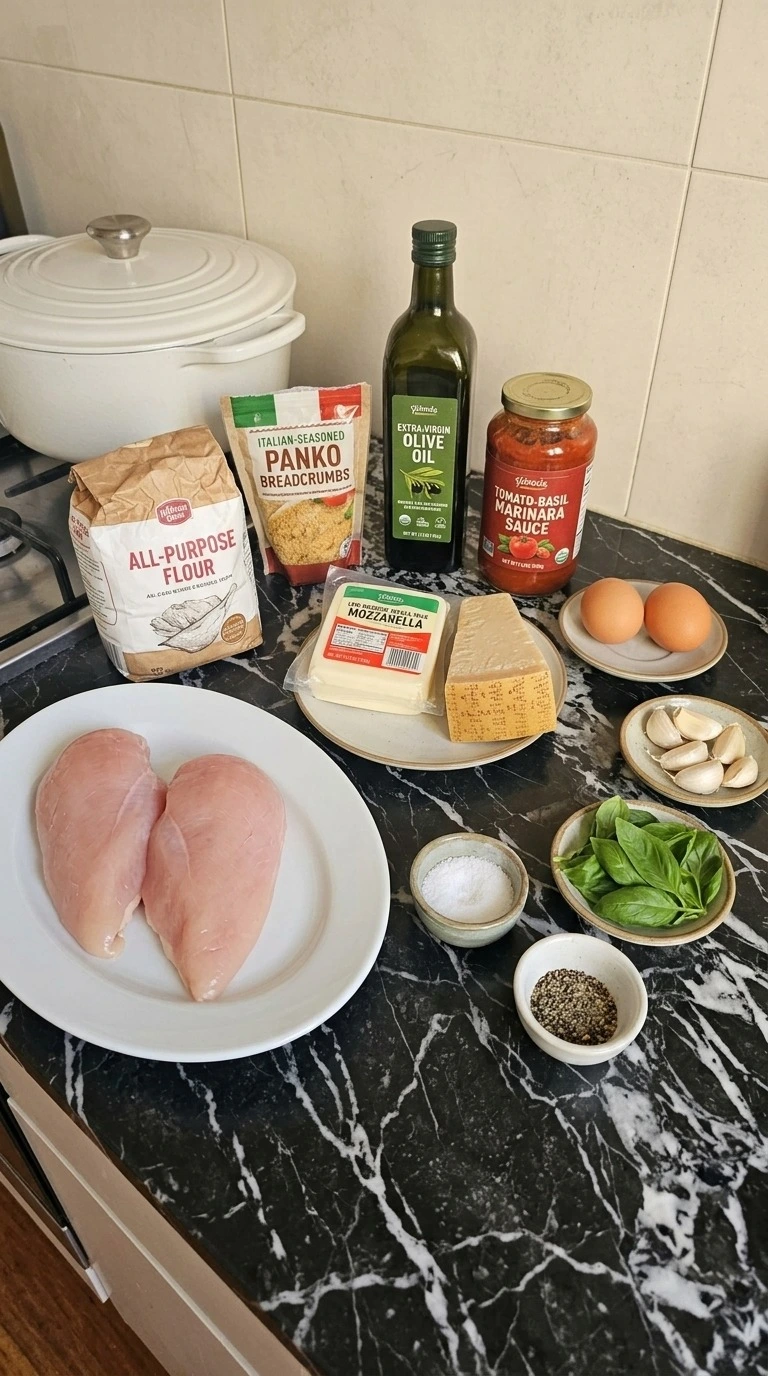 Chicken Parmesan ingredients including raw chicken breasts, panko breadcrumbs, marinara, mozzarella, eggs and basil. Recipe focus: easy chicken parmesan.