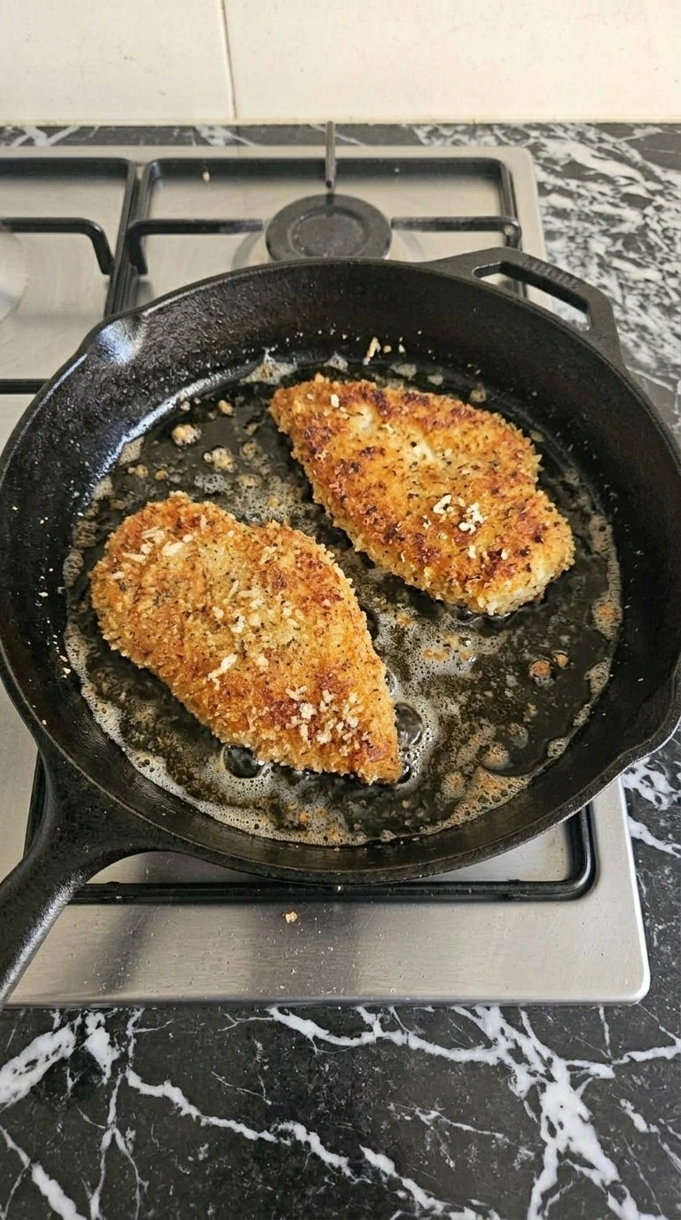 Chicken Parmesan cutlets frying in olive oil with a deep golden panko crust and crisp uneven edges. Recipe focus: easy chicken parmesan.