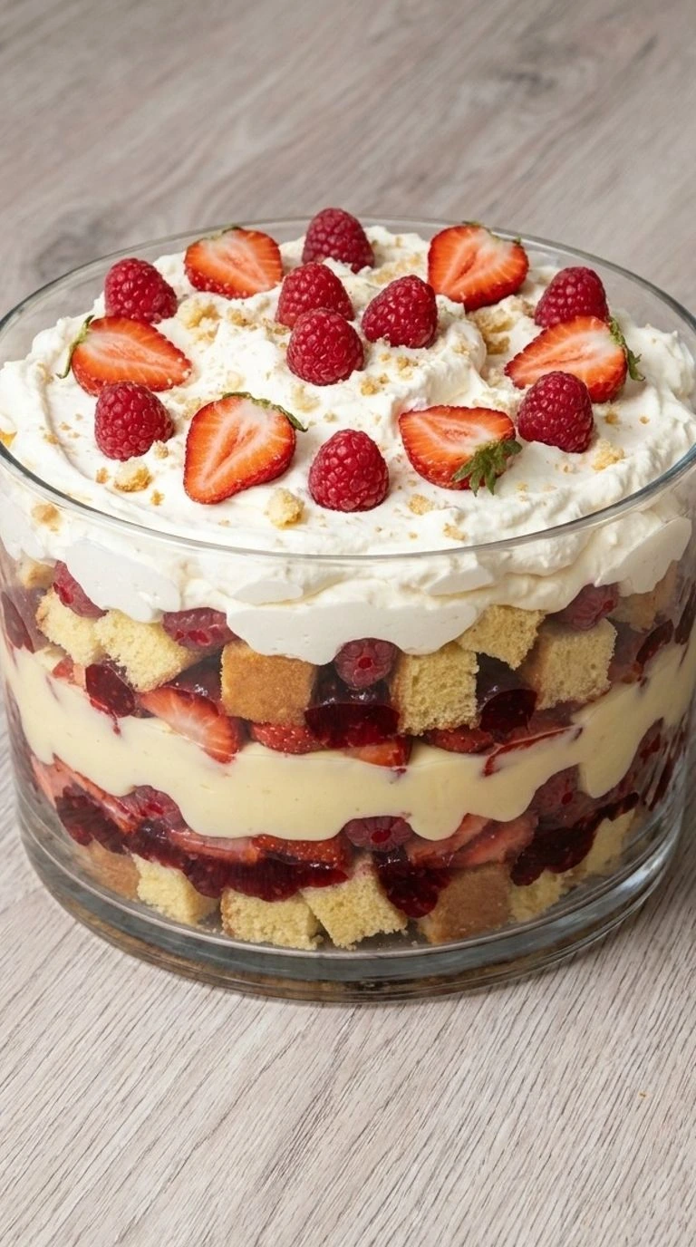 Christmas Trifle in a clear glass bowl with vanilla cake, berries, pudding and whipped cream Recipe focus: christmas trifle easy.