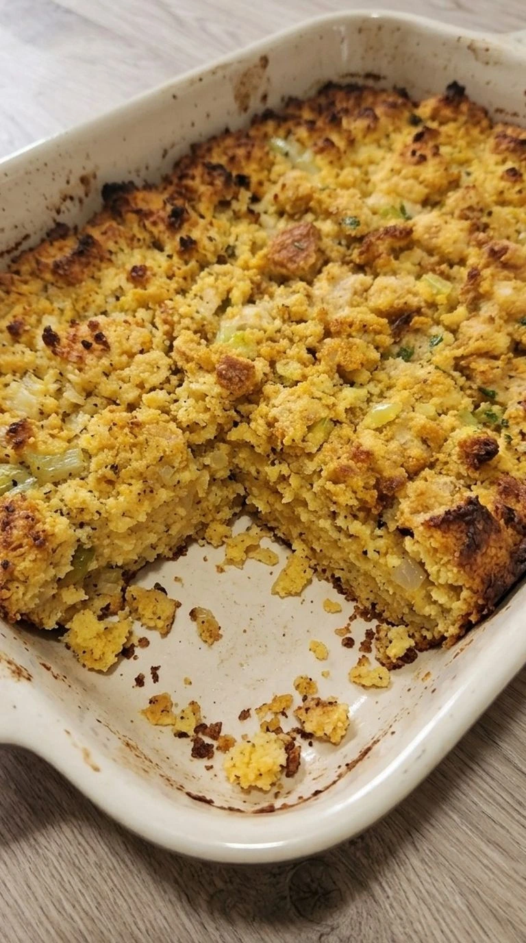 Cornbread Dressing baked with a golden crust and tender sage-seasoned cornbread center Recipe focus: easy cornbread dressing.