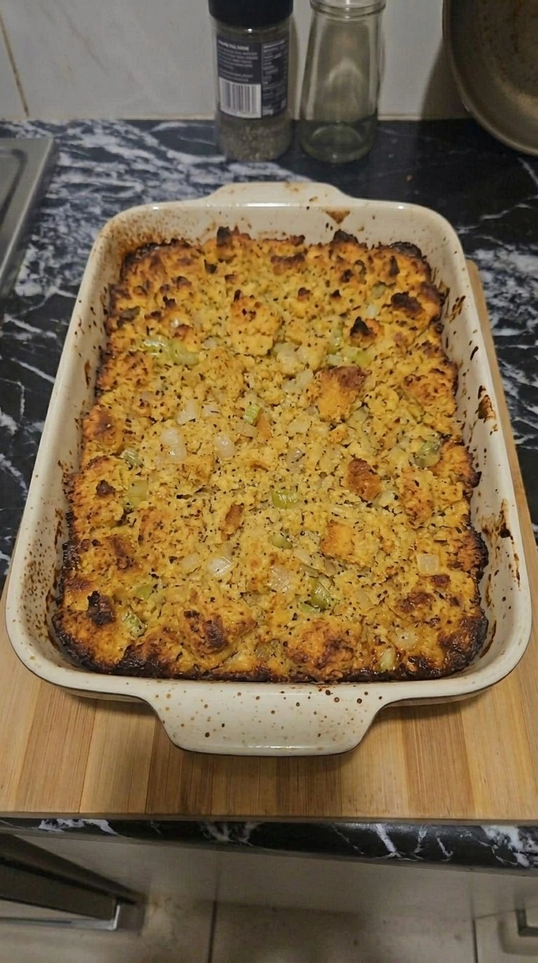 Cornbread Dressing baked in a rectangular dish with crisp golden edges and a tender center Recipe focus: easy cornbread dressing.