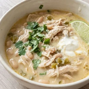 Creamy White Chicken Chili with shredded chicken, Great Northern beans, green chiles and cilantro in a serving bowl Recipe focus: crockpot white chicken chili.