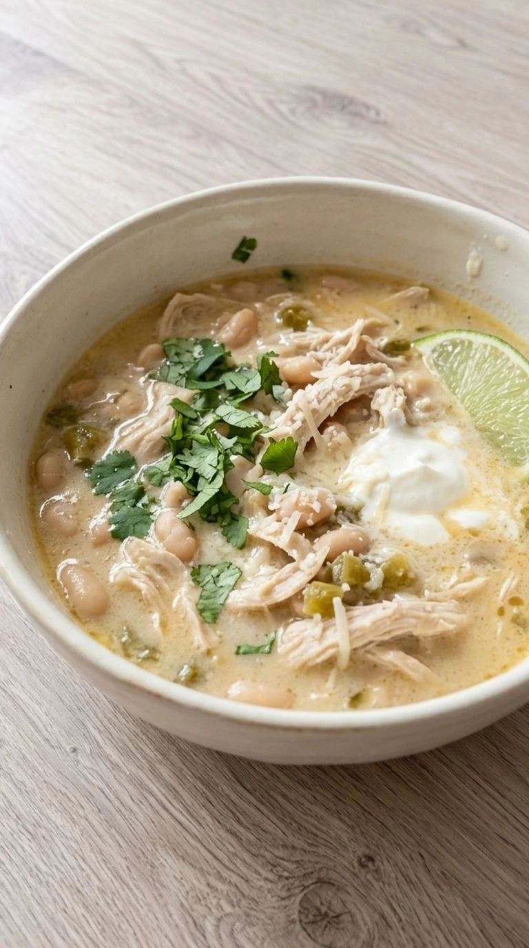 Creamy White Chicken Chili with shredded chicken, Great Northern beans, green chiles and cilantro in a serving bowl Recipe focus: crockpot white chicken chili.