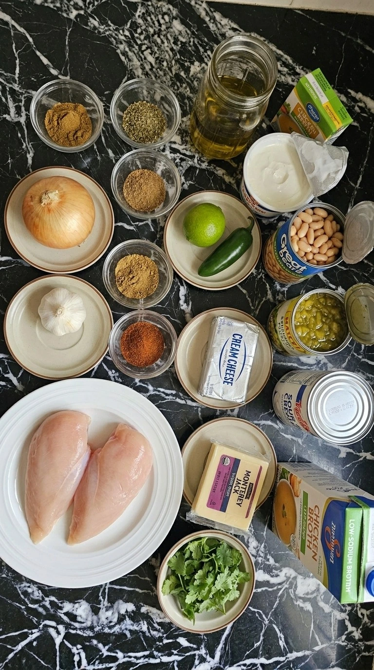 Ingredients for Creamy White Chicken Chili including chicken breasts, Great Northern beans, cream cheese and green Recipe focus: white chicken chili easy.