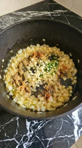 Creamy White Chicken Chili first step with softened yellow onion, minced garlic, jalapeño and toasted spices Recipe focus: instant pot white chicken chili.