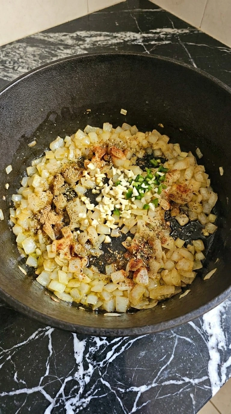 Creamy White Chicken Chili first step with softened yellow onion, minced garlic, jalapeño and toasted spices Recipe focus: instant pot white chicken chili.