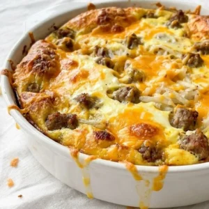 Crockpot Breakfast Casserole with golden hashbrowns, eggs and melted cheese in serving dish Recipe focus: breakfast casserole with hashbrowns.
