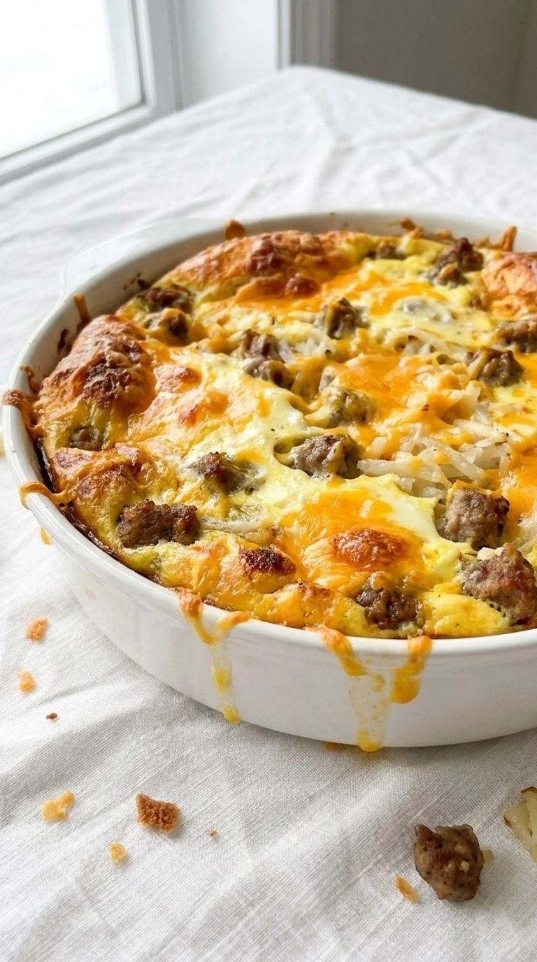 Crockpot Breakfast Casserole with golden hashbrowns, eggs and melted cheese in serving dish Recipe focus: breakfast casserole with hashbrowns.