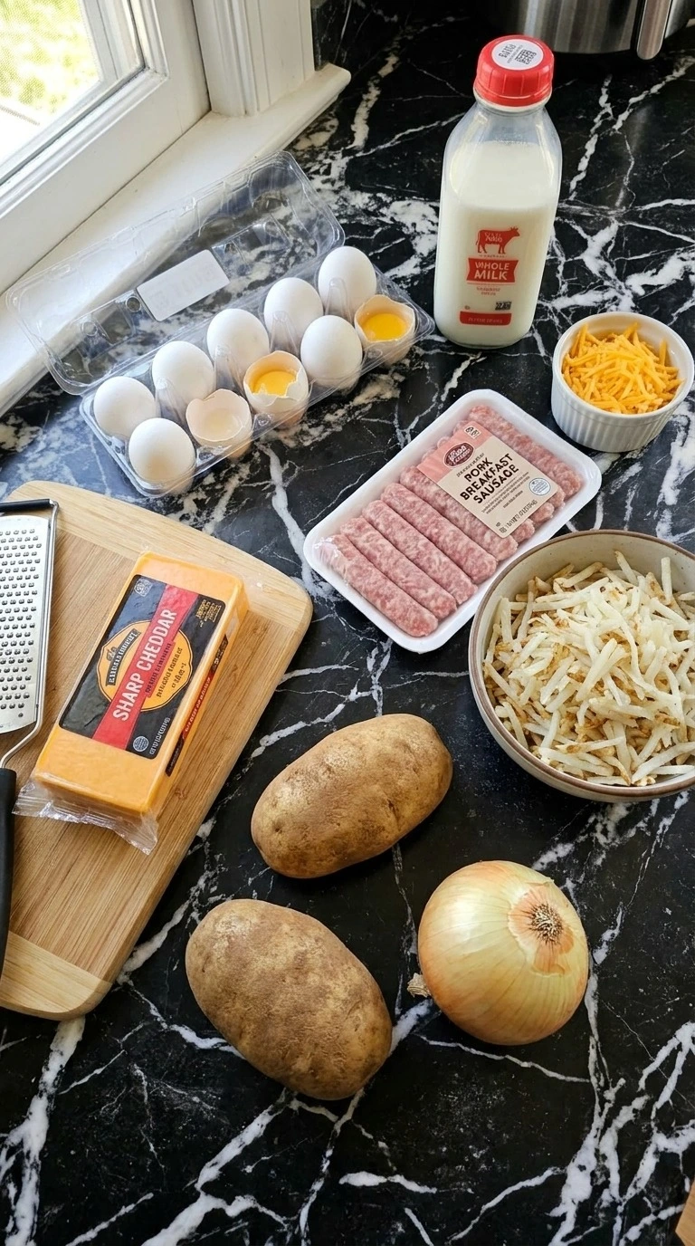 Crockpot Breakfast Casserole ingredients with hashbrowns sausage eggs and cheese portions Recipe focus: tater tot breakfast casserole.