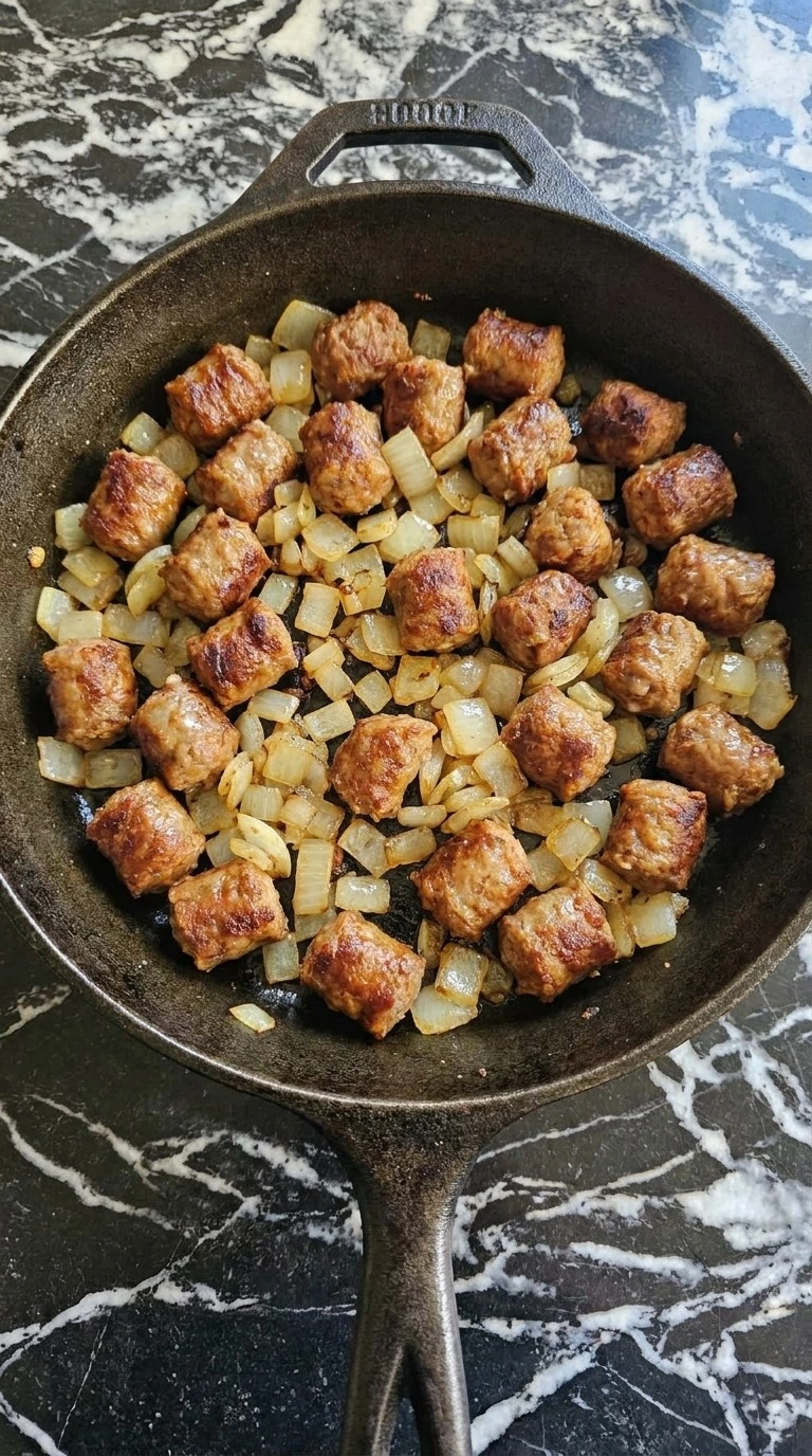 Crockpot Breakfast Casserole sausage browning with onion pieces Recipe focus: overnight breakfast casserole.