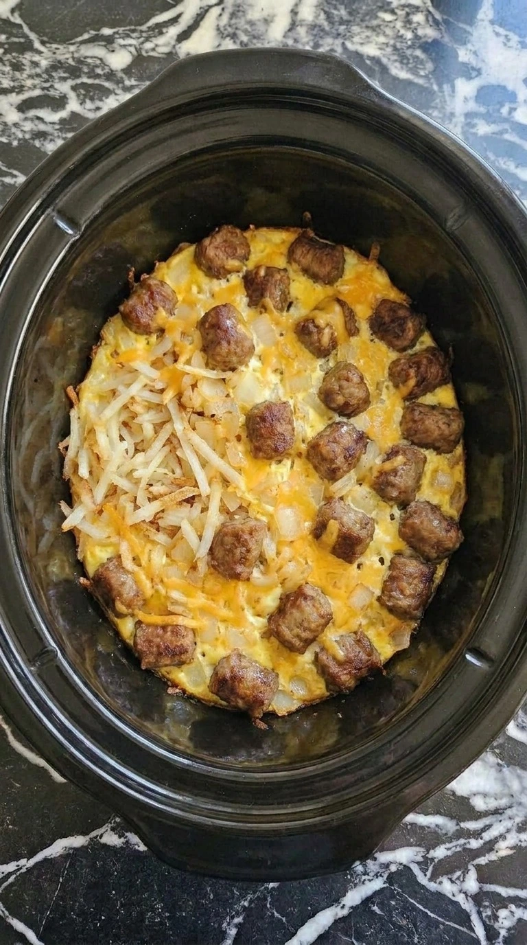 Crockpot Breakfast Casserole slow cooking with set egg layers and melted cheese Recipe focus: breakfast casserole with hashbrowns.