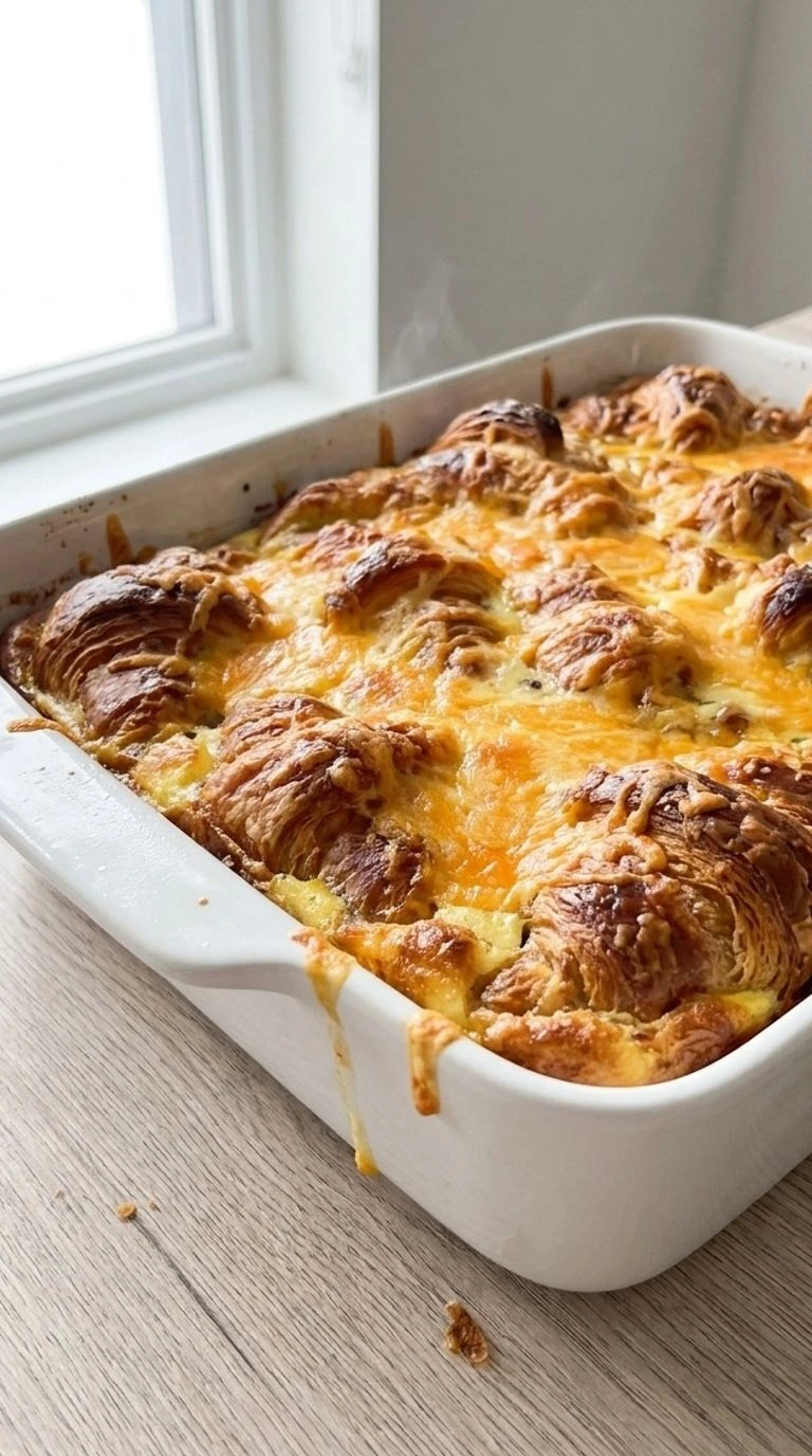Croissant Breakfast Casserole with golden croissant layers and melted cheese in baking dish Recipe focus: breakfast casserole with hashbrowns.