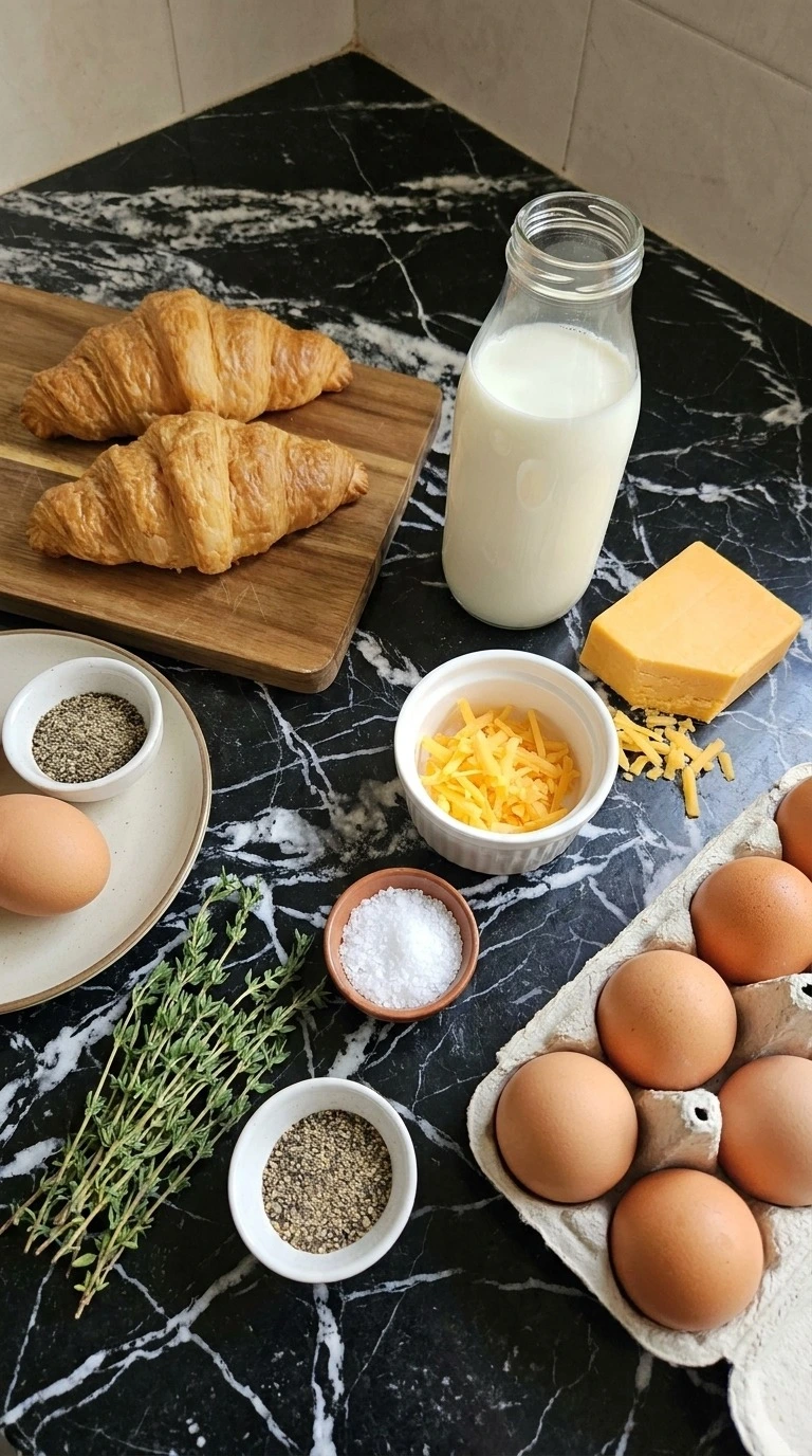 Croissant Breakfast Casserole ingredients with croissants eggs cheese and seasonings arranged Recipe focus: tater tot breakfast casserole.