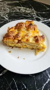 Croissant Breakfast Casserole slice showing soft egg layers and melted cheese on plate Recipe focus: easy breakfast casserole.