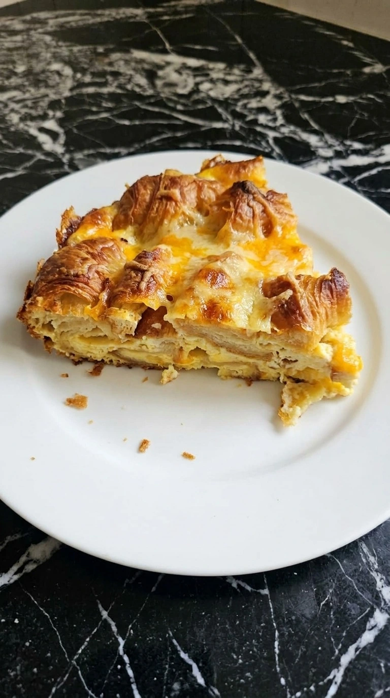 Croissant Breakfast Casserole slice showing soft egg layers and melted cheese on plate Recipe focus: easy breakfast casserole.