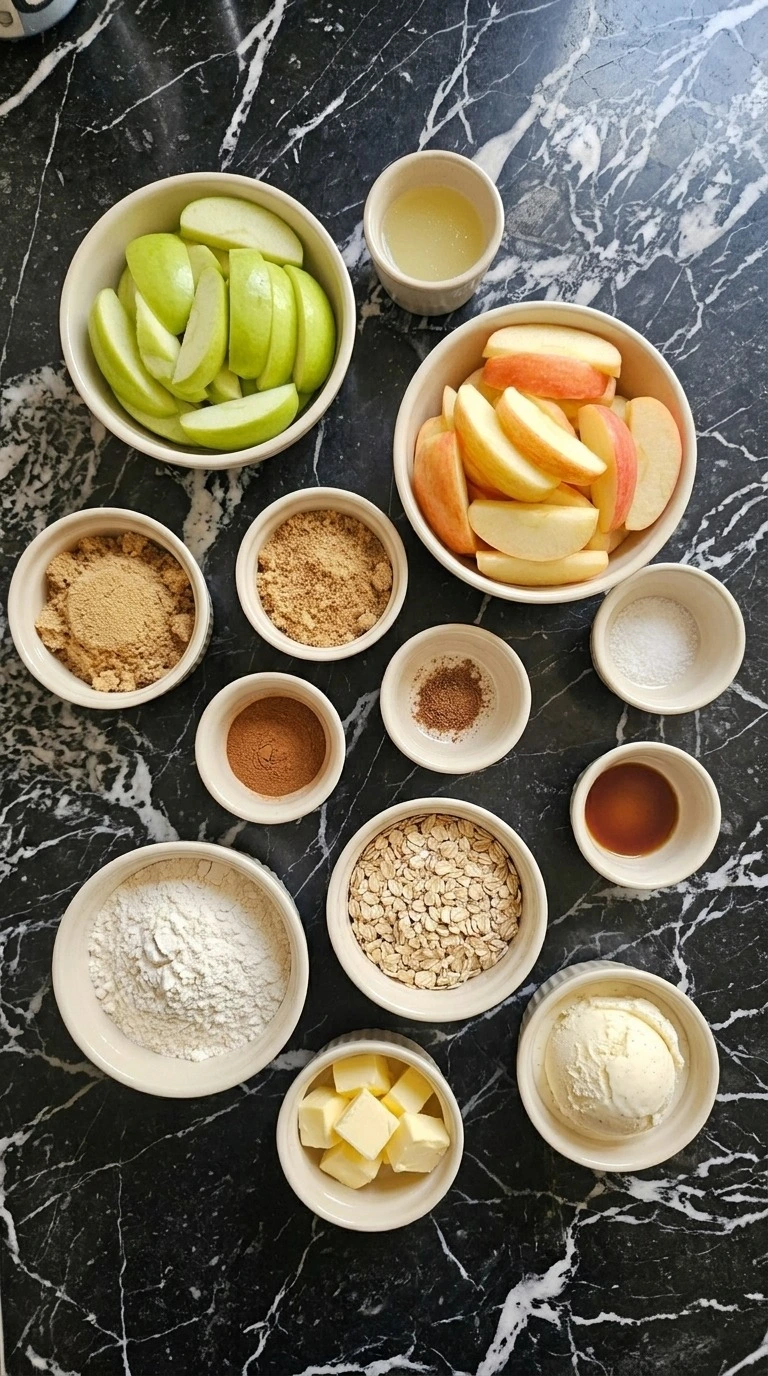 Fall Desserts Apple - Ingredients for homemade cinnamon apple crisp in separate bowls Recipe focus: easy fall apple desserts.