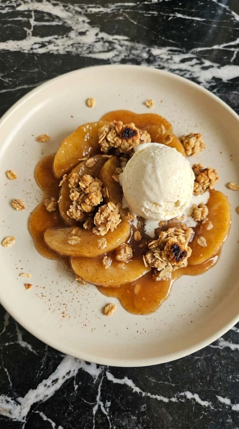 Plated apple crisp with vanilla ice cream Recipe focus: fall desserts apple.