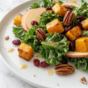 Fall Harvest Salad with roasted squash apples kale and cranberries on a plate Recipe focus: fall salad.
