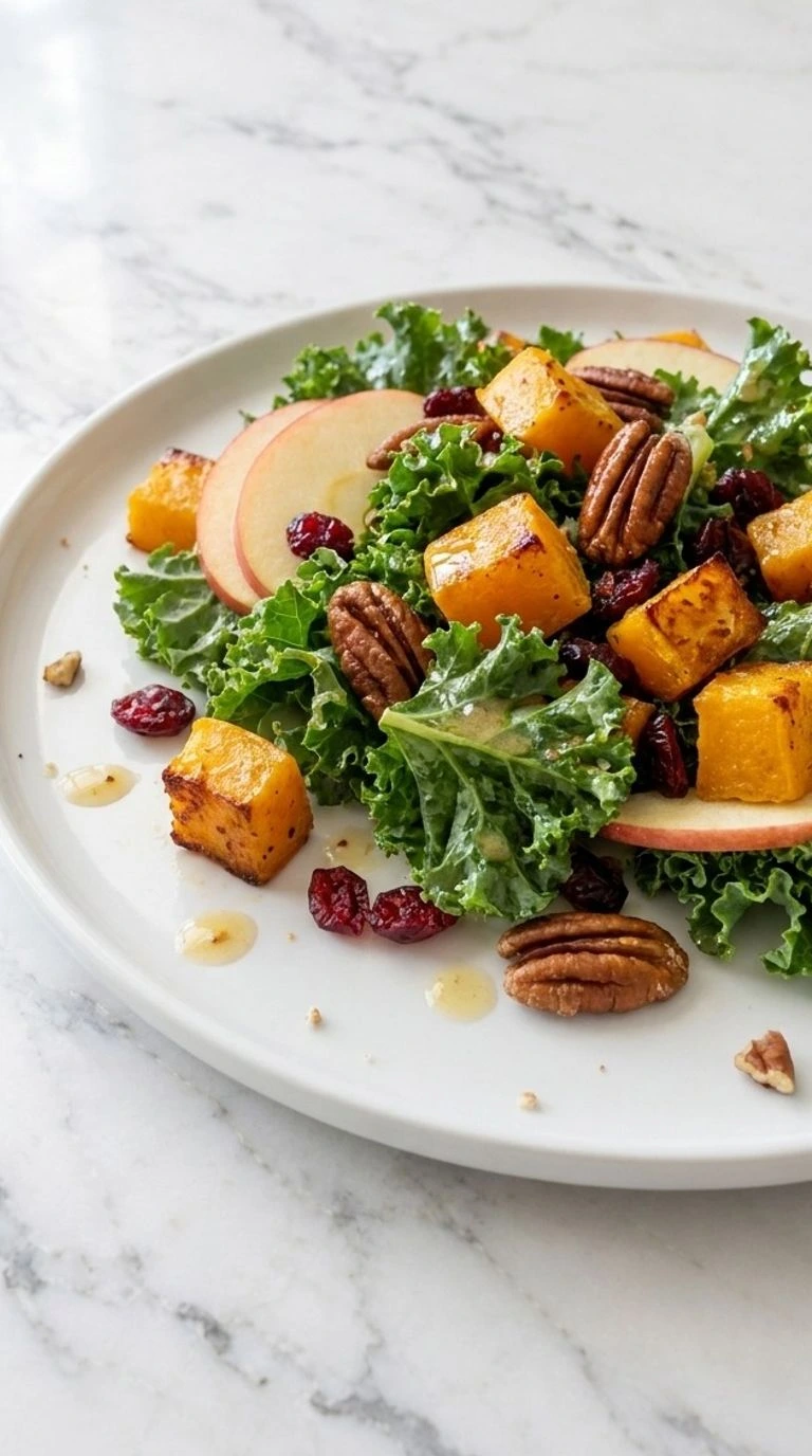 Fall Harvest Salad with roasted squash apples kale and cranberries on a plate Recipe focus: fall salad.