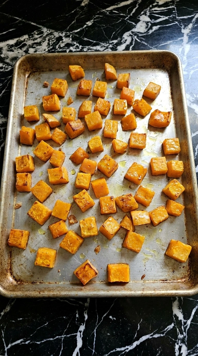 Fall Harvest Salad roasting butternut squash cubes with golden edges Recipe focus: fall harvest pasta salad.