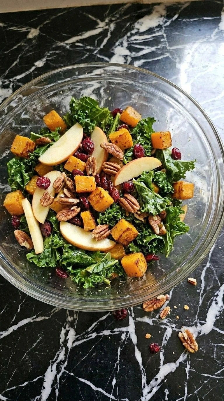 Fall Harvest Salad kale mixed with roasted squash apples and pecans Recipe focus: fall kale salad.