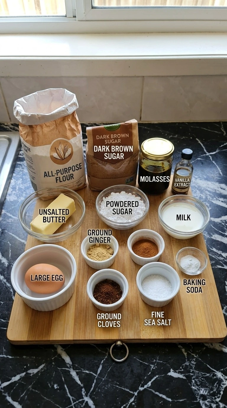 Gingerbread Man Cookies ingredients including flour spices molasses and sugar Recipe focus: easy gingerbread cookies.