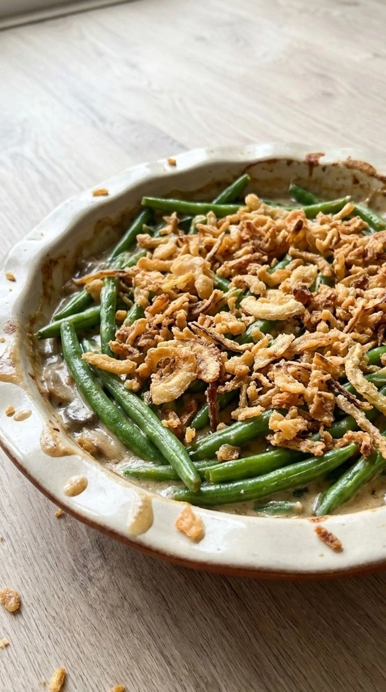 Green Bean Casserole with Fresh Green Beans finished with golden crispy topping in serving dish Recipe focus: green bean casserole easy.