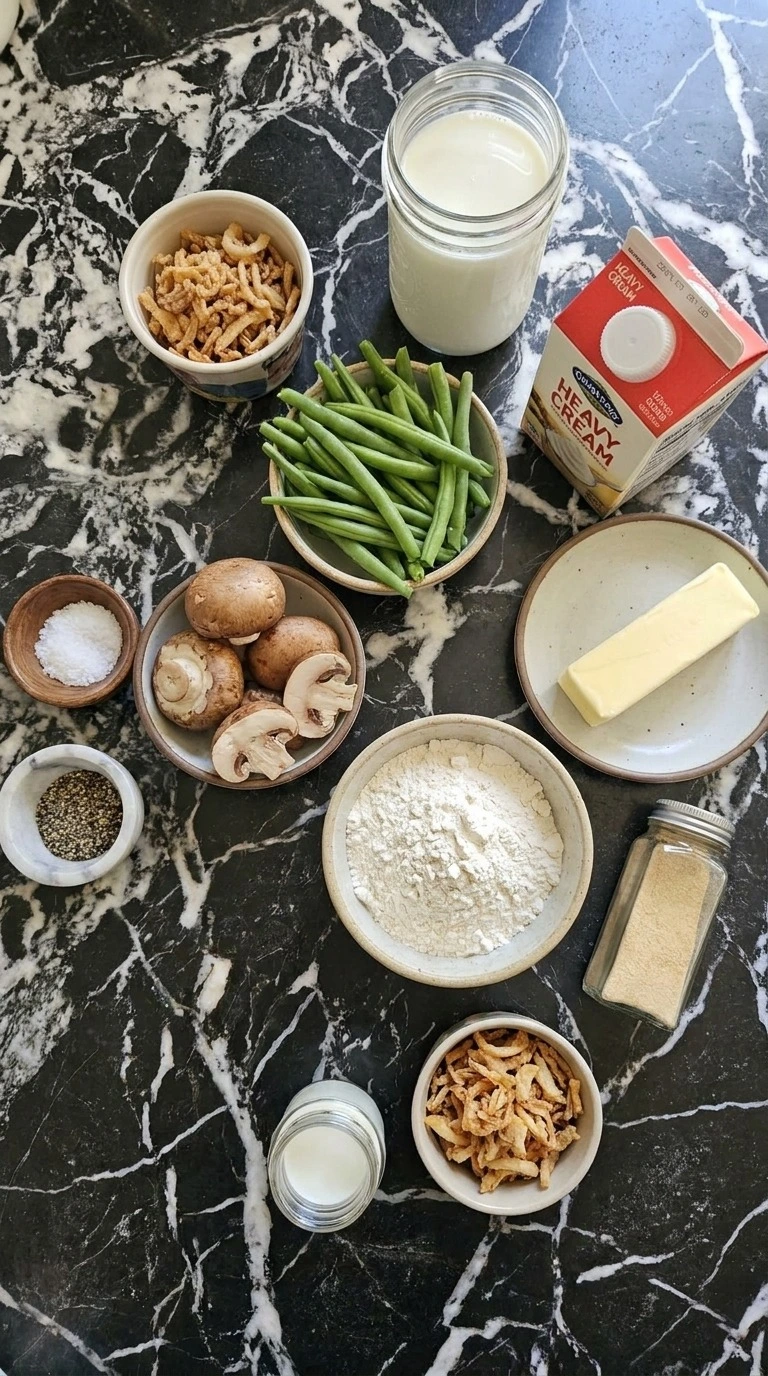 Green Bean Casserole with Fresh Green Beans raw ingredients arranged before cooking Recipe focus: green bean casserole with fresh beans.