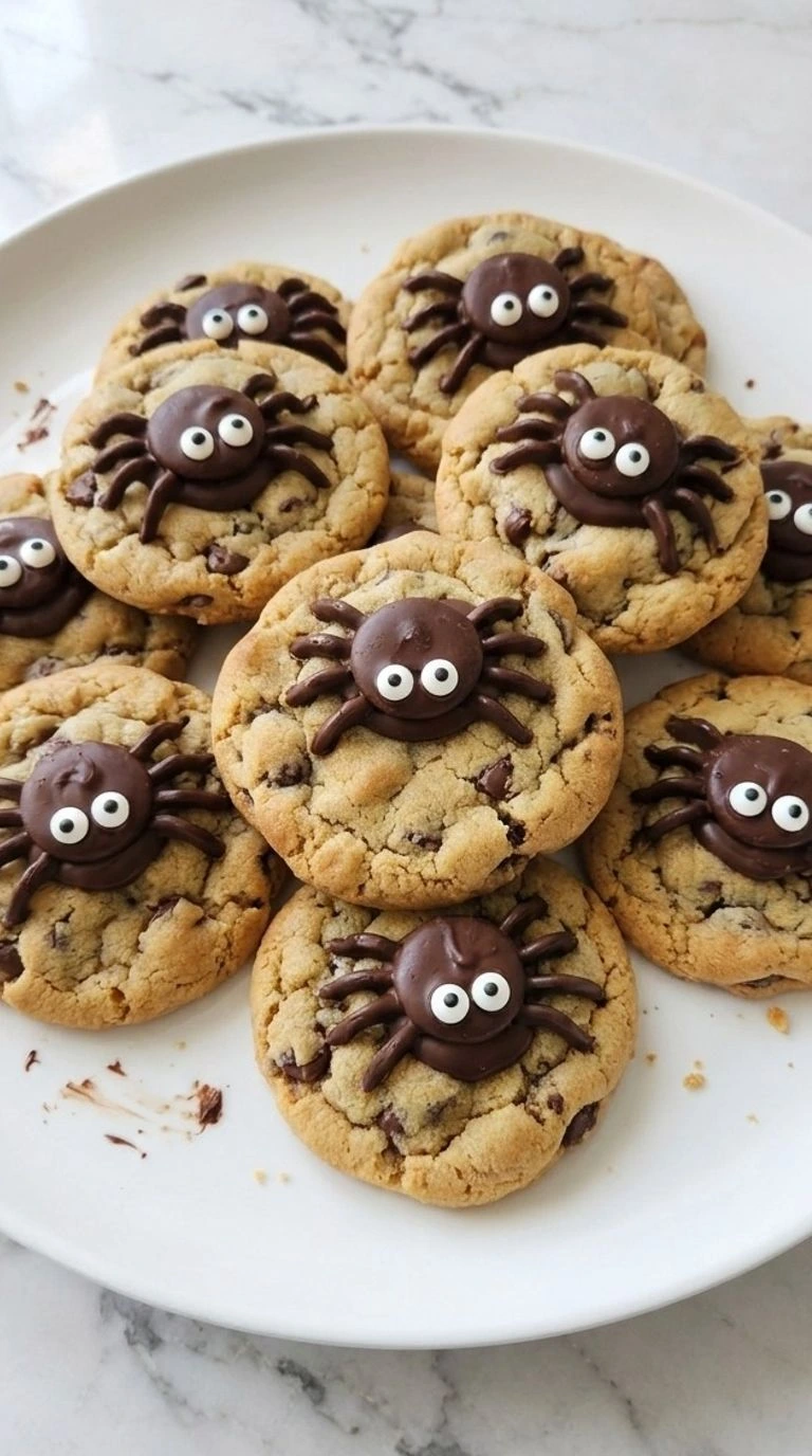 Halloween Spider Chocolate Chip Cookies with golden edges, dark chocolate spiders and candy eyes on a white plate