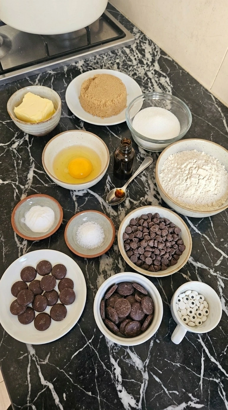 Halloween Spider Chocolate Chip Cookies ingredients including flour, butter, chocolate chips, chocolate buttons and candy eyes