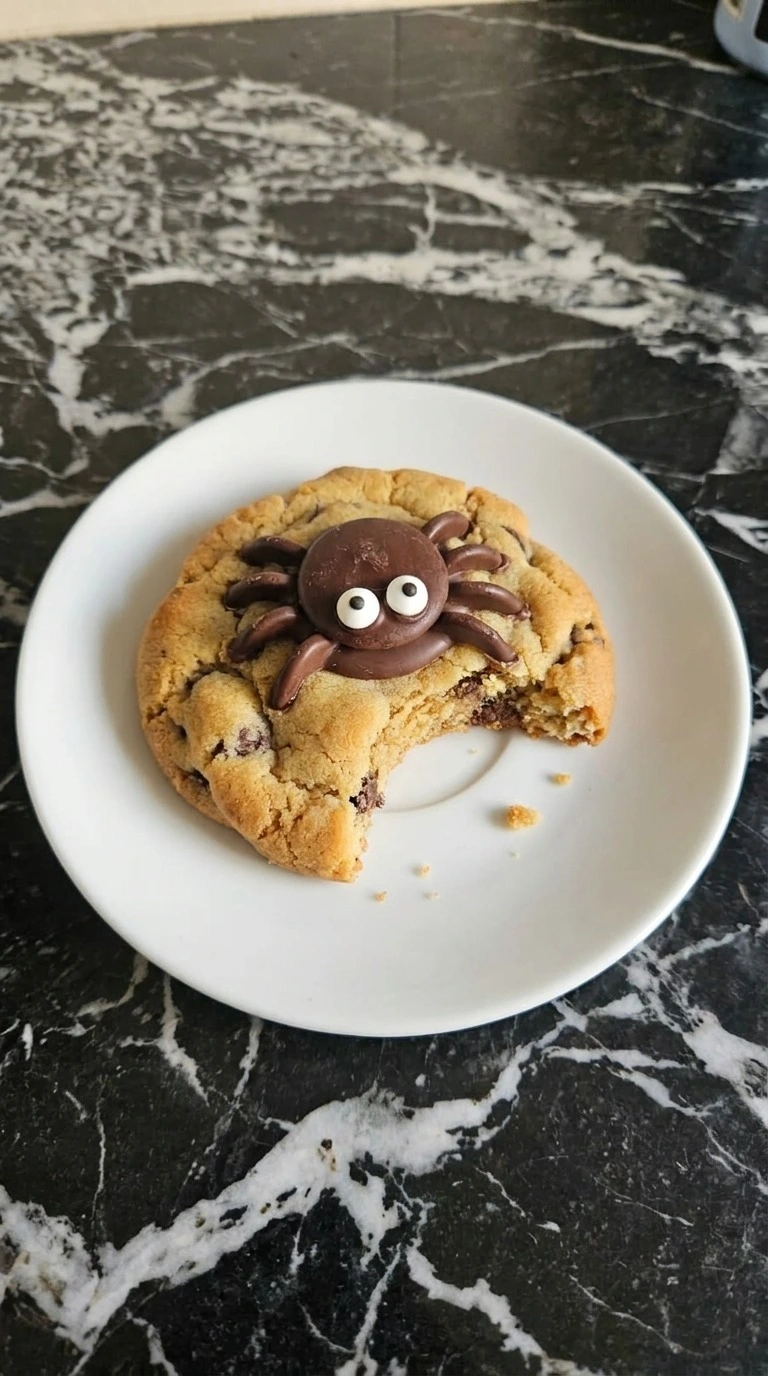 Single Halloween Spider Chocolate Chip Cookies serving with dark chocolate spider and visible soft cookie crumb
