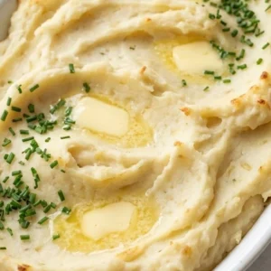 Make Ahead Mashed Potatoes with melted butter and fresh chives in a white serving dish Recipe focus: easy make ahead mashed potatoes.