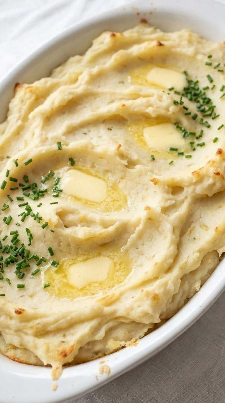 Make Ahead Mashed Potatoes with melted butter and fresh chives in a white serving dish Recipe focus: easy make ahead mashed potatoes.