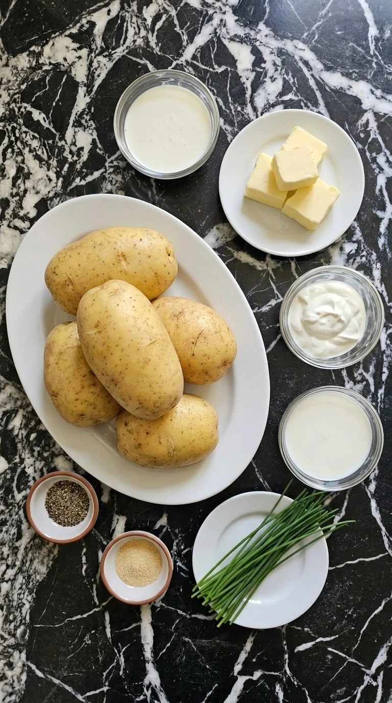 Make Ahead Mashed Potatoes ingredients including Yukon Gold potatoes, butter, cream and sour cream Recipe focus: thanksgiving make ahead mashed potatoes.