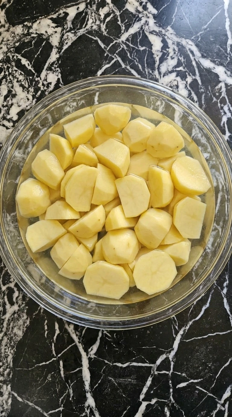 Make Ahead Mashed Potatoes preparation with peeled Yukon Gold potatoes cut into chunks Recipe focus: easy make ahead mashed potatoes.