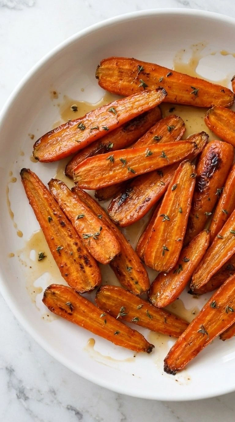 Maple Glazed Carrots with golden roasted edges and thyme on a white serving platter Recipe focus: easy maple glazed carrots.