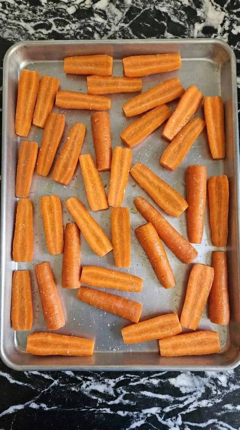 Maple Glazed Carrots arranged cut side down on a sheet pan with olive oil and salt Recipe focus: maple glazed carrots recipe.